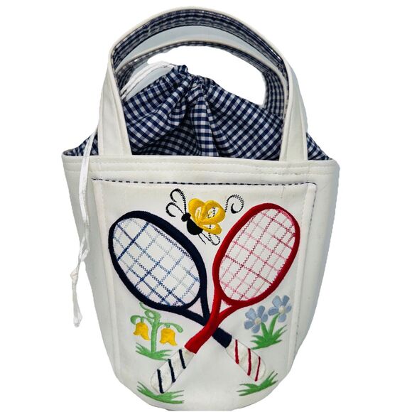 Handmade VNTG Tennis Rackets Top Handle Tote Bag White Vinyl Emroidered Handbag - Picture 1 of 11